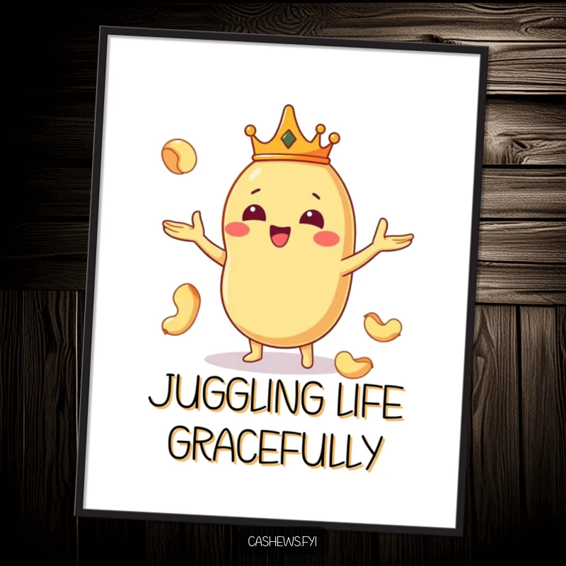 Funny poster of a Kawaii cashew king wearing a crown and juggling nuts, perfect for regal and humorous wall decor.