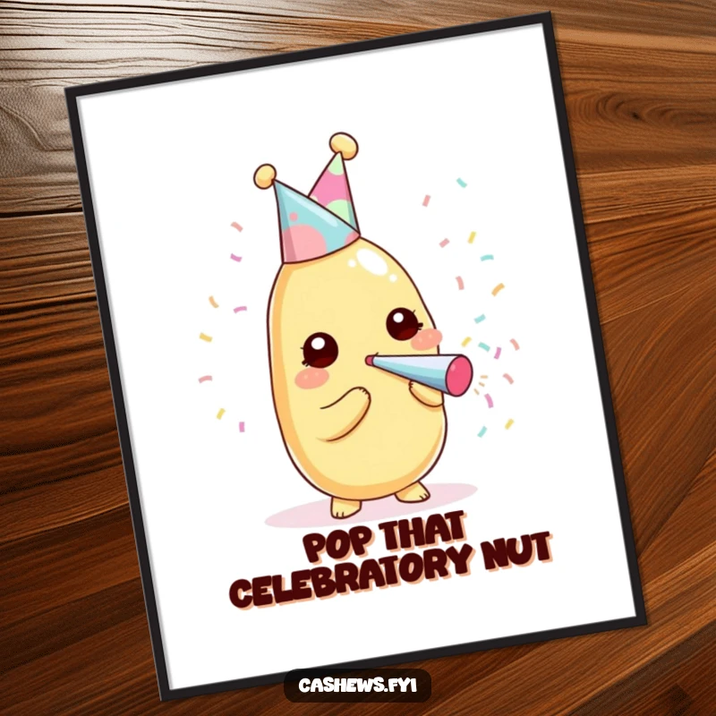 Funny kawaii cashew wearing a party hat, joyfully blowing a confetti popper on a vibrant poster.