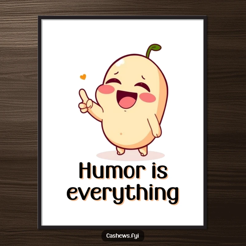 Funny poster of a Kawaii cashew laughing so hard its eyes water, pointing, capturing contagious comedic energy.