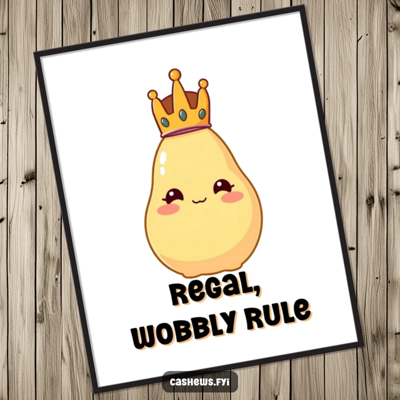 Funny poster of a cashew adorned with a tiny crown, posing majestically yet comically unstable.