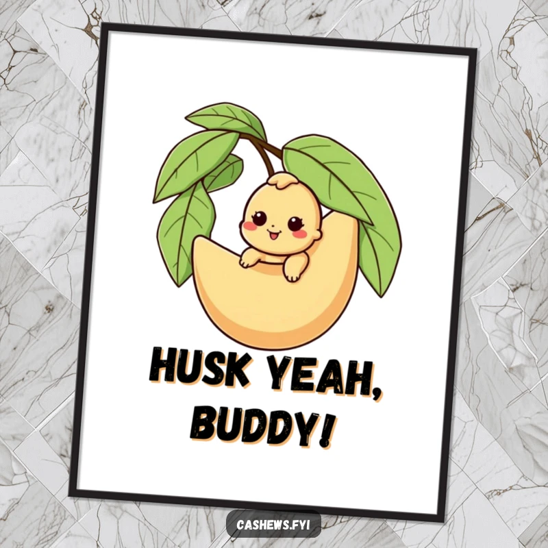 Funny cashew poster depicting a happy character riding a giant husk, adding whimsical nutty adventure to decor.