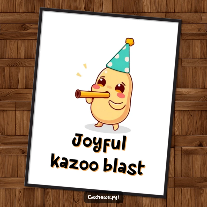Funny poster of a cashew wearing a party hat and enthusiastically blowing a kazoo, capturing pure joy and celebratory vibes.