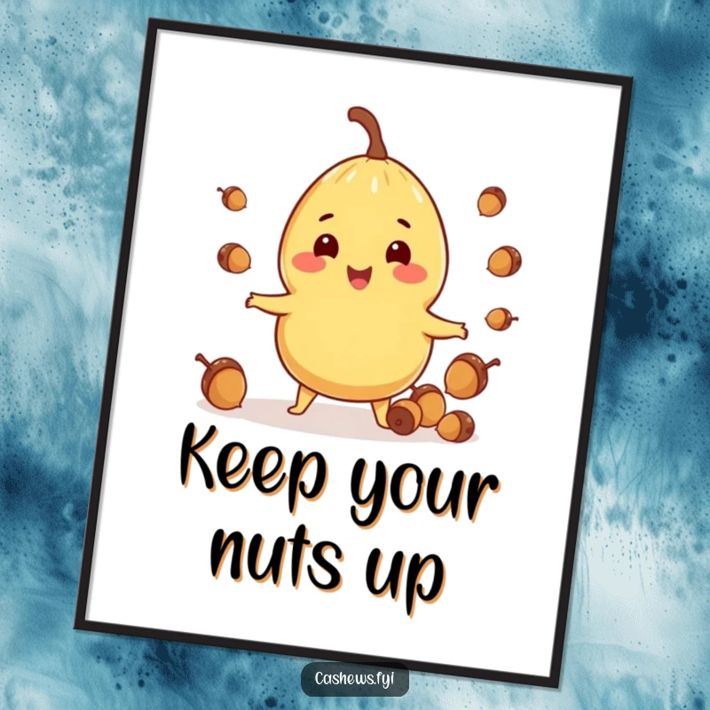 Funny poster illustrating a cashew character performing a cheerful juggling act with tiny acorns, radiating playful energy.