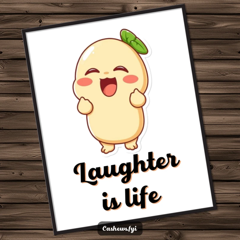 Funny poster print of a cashew character overcome with uncontrollable laughter, holding its sides in a moment of pure mirth.