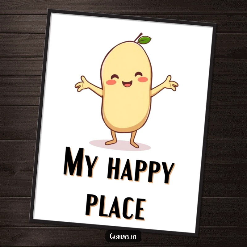 Funny poster of a kawaii cashew performing a silly dance with arms outstretched, beaming, bringing joyful and humorous energy to wall decor.