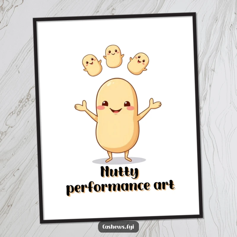 Funny poster of a happy cashew with tiny legs juggling nuts, featuring a goofy grin and vibrant colors, adding humor to any wall.