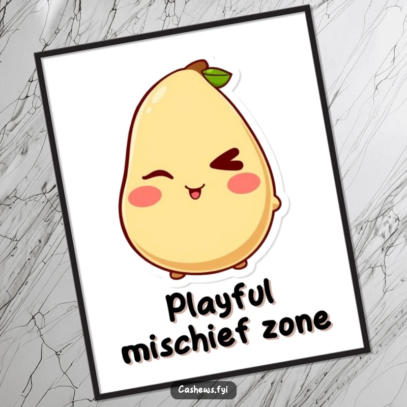 Funny poster featuring a kawaii cashew character with a mischievous wink and blush, ideal for playful and humorous wall decor.