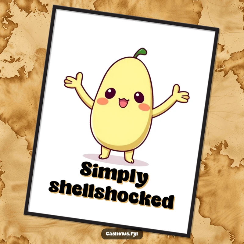 Funny poster print of a kawaii cashew character with arms raised in a pose of absolute, delighted surprise and adorable charm.