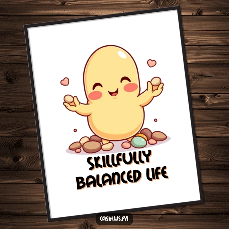 Funny poster print of a cashew nut character smiling while juggling tiny pebbles with precision.