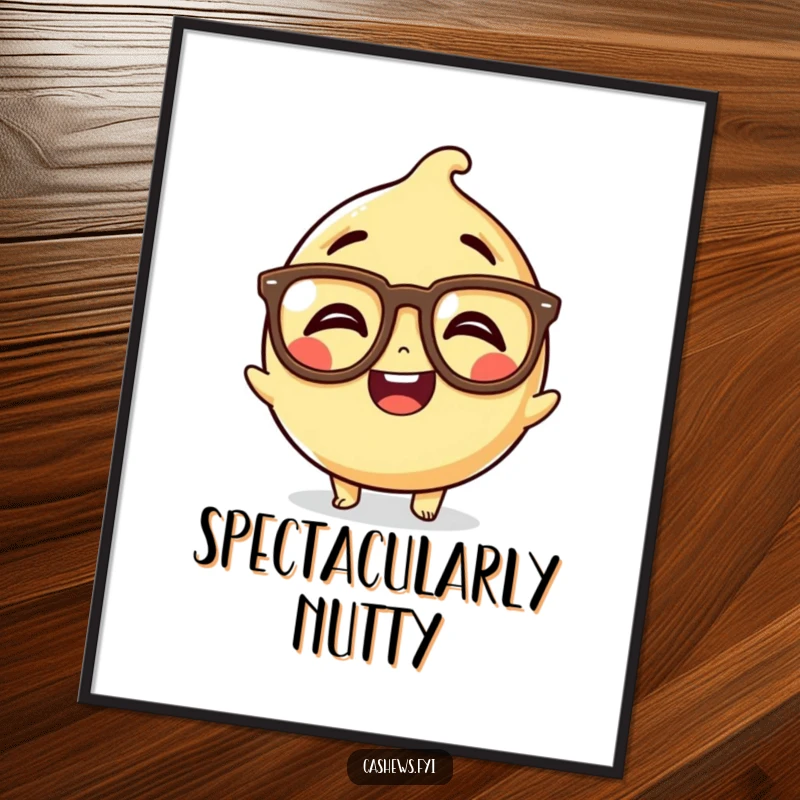 Funny Kawaii Cashew Poster: Art print of a cashew character wearing huge spectacles and laughing, offering a dose of nutty humor.