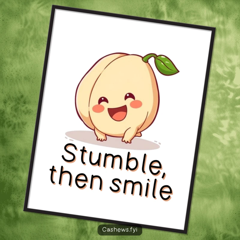 Funny Poster: A cashew is depicted mid-trip, yet sports a huge, unshakeable smile, conveying resilience and cheer.