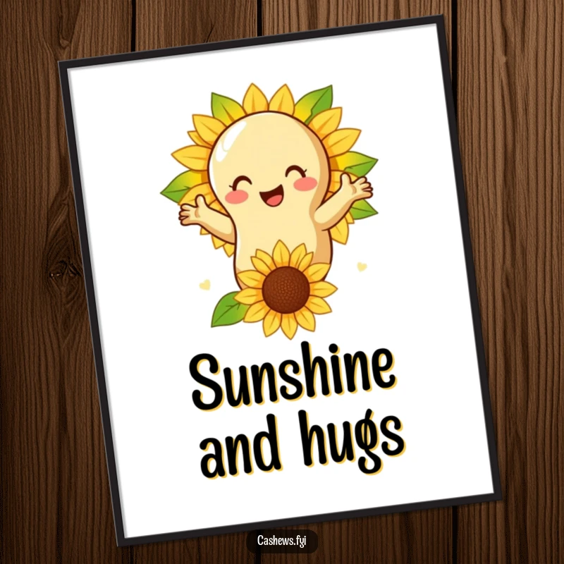 Funny poster showing a cashew nut in a warm embrace with a cheerful sunflower, celebrating the beauty of nature.