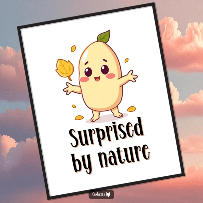 Funny wall poster of a kawaii cashew character looking surprised with arms outstretched as a single autumn leaf drifts down.