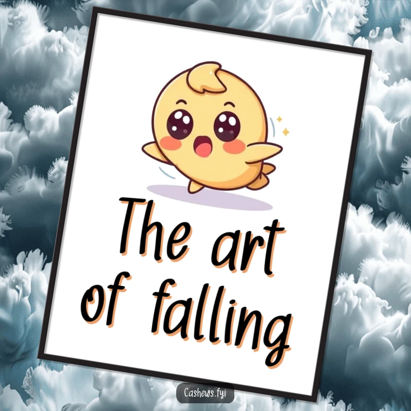 Funny poster of a cashew character tripping slightly but landing gracefully with a surprised, wide-eyed expression, capturing a relatable moment.