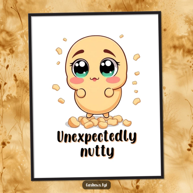 Funny surprised cashew poster depicting a nut with wide, astonished eyes reacting to a shower of cashew bits, adding humor to any wall.