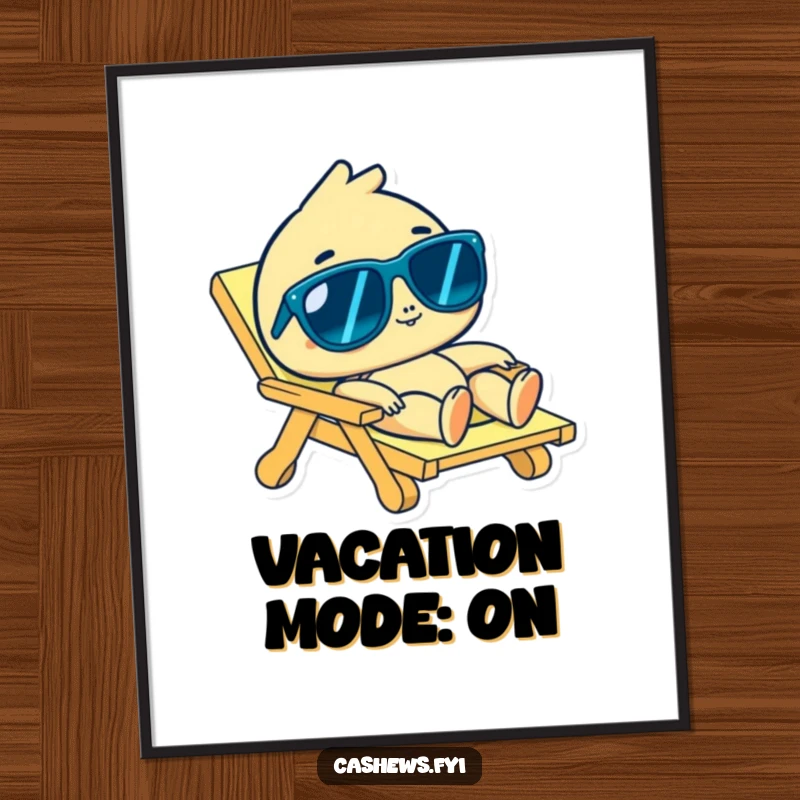 Funny cashew character in sunglasses lounging on a beach chair on a poster, depicting ultimate relaxation, great funny gift.