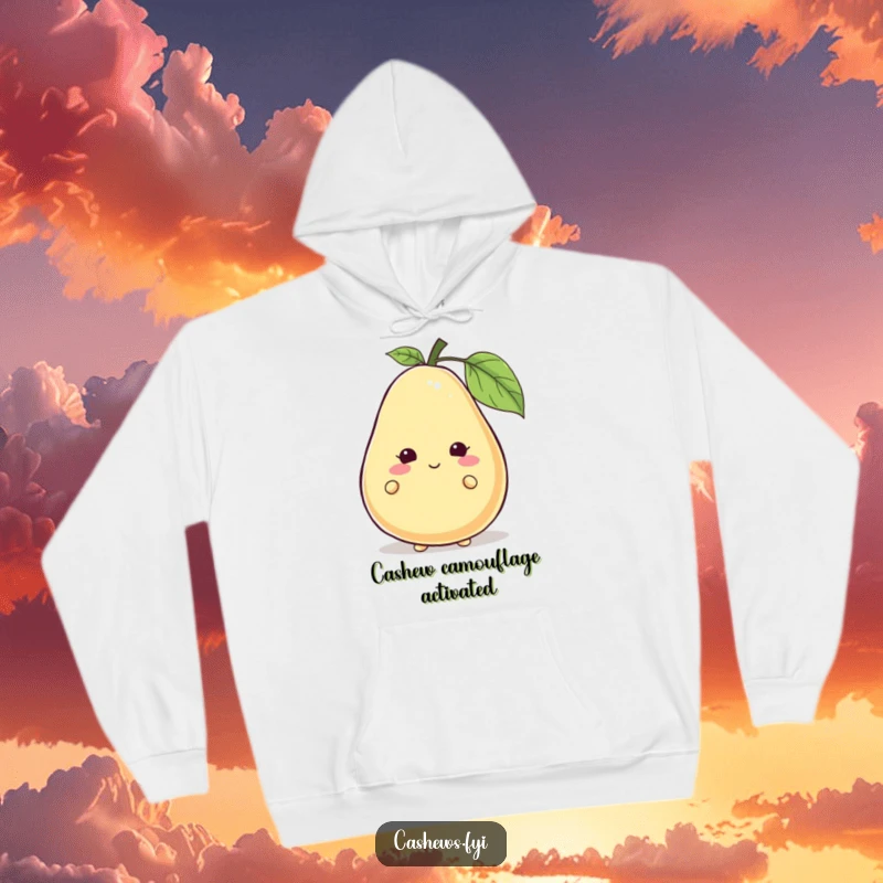 Funny cashew character peeking from behind a giant, smiling cashew on a hoodie, embracing playfulness, funny gift.