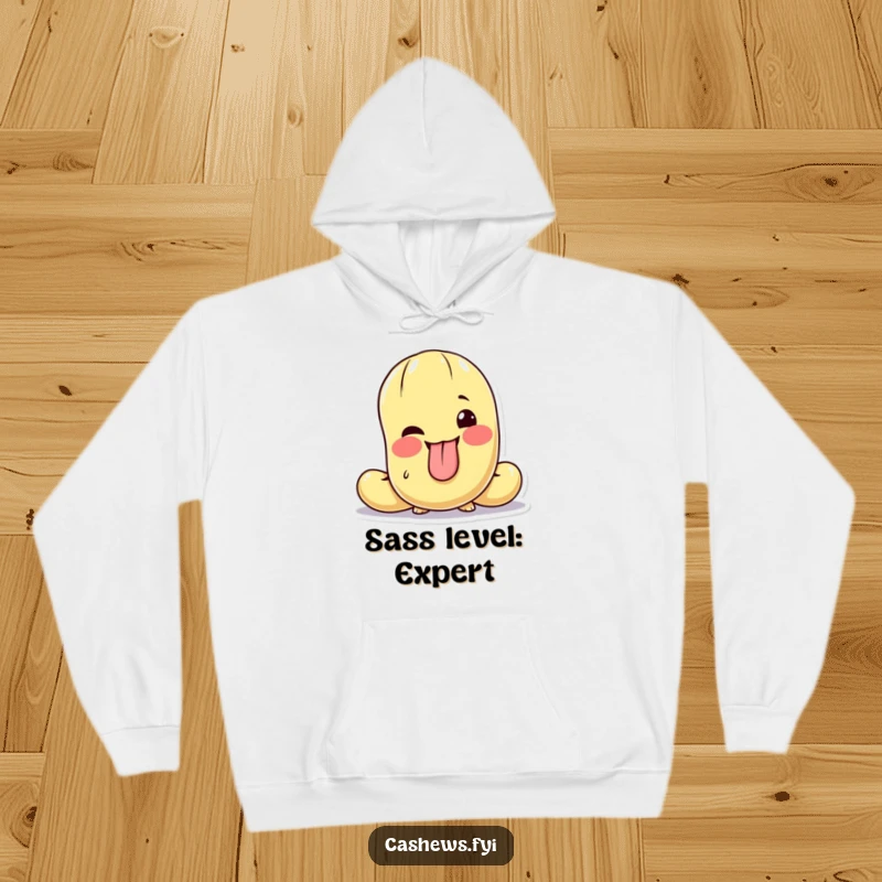 Funny hooded sweatshirt featuring a cashew character making a funny face, tongue out, and a mischievous wink.