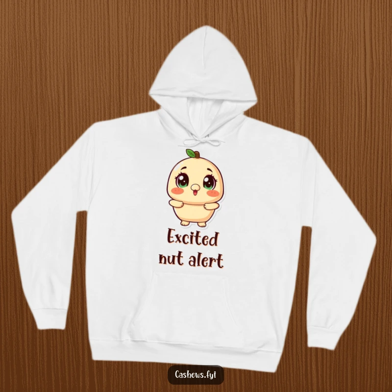 Funny kawaii cashew with wide, twinkling eyes looking up excitedly on a hoodie.