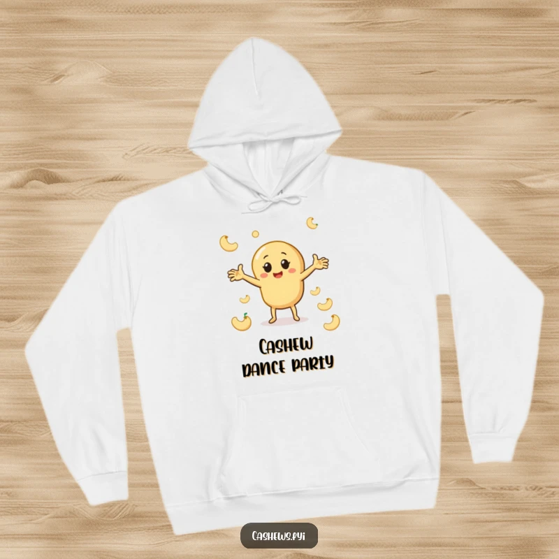 Funny cashew hoodie showing a character doing a playful dance surrounded by shapes, offering warmth and nutty comedic rhythm.