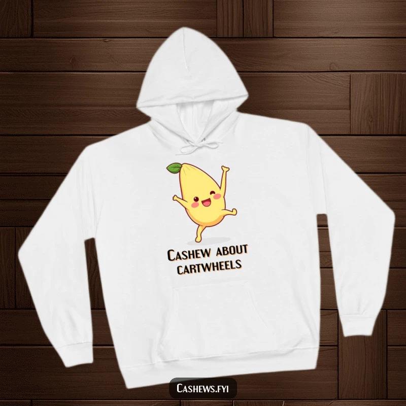 Funny hoodie showcasing a kawaii cashew performing a dynamic cartwheel, radiating happiness and energetic movement, a perfect cozy funny gift.