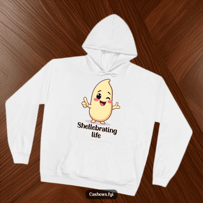 Funny hoodie featuring a cute kawaii cashew giving a friendly thumbs-up, perfect for warm and humorous lounging.