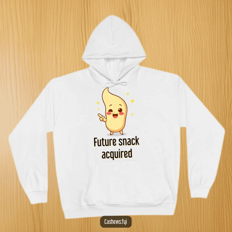 Funny hoodie featuring an excited cashew character pointing at a sparkling, imagined cashew, offering warmth and whimsical humor.