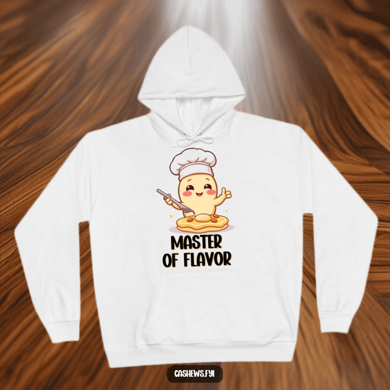Funny hoodie showcasing a kawaii cashew in a chef hat, dramatically flipping a nutty pancake, perfect for cozy kitchen vibes.