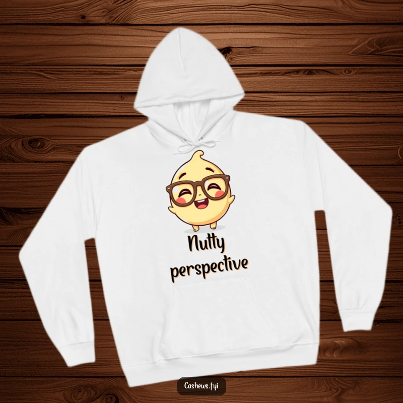 Funny Kawaii Cashew Hoodie: A warm sweatshirt showcasing a cashew with comical, oversized spectacles, laughing heartily, perfect for witty individuals.