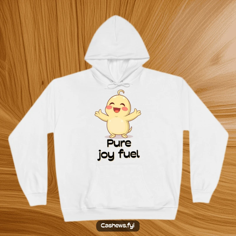 Funny hoodie featuring a cashew character with arms wide, laughing heartily and expressing pure, unadulterated joy.