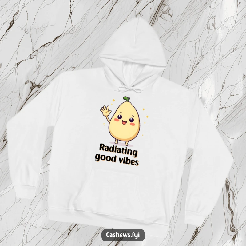 Funny hoodie featuring a kawaii cashew character excitedly waving hello amidst tiny starbursts, offering warmth and cheerful vibes.