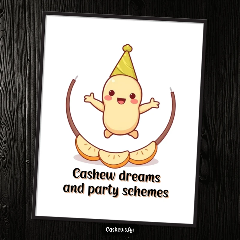 Funny Free Printable Wall Art: A cashew in a party hat happily jumping through a hoop of cashew halves, creating a lively scene.