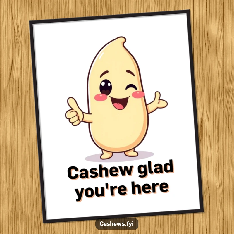 Funny Free Printable Wall Art of a super cute kawaii cashew character offering a warm, friendly thumbs-up and an enormous grin.