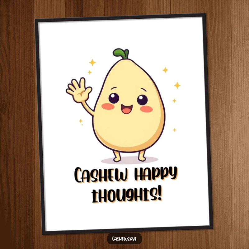 Funny Free Printable Wall Art: A super cute kawaii cashew character waves hello with excitement, surrounded by sparkling starbursts.