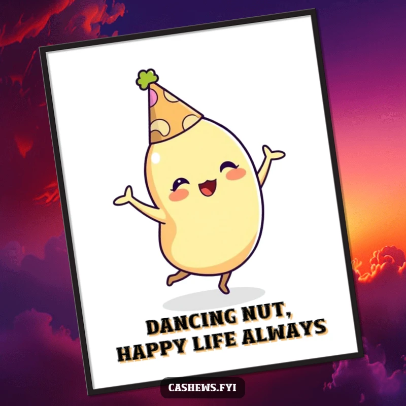 Funny free printable wall art of a cashew character in a party hat dancing energetically and joyfully.