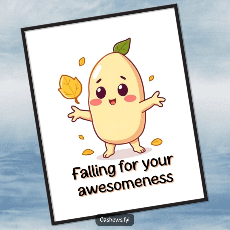 Funny Free Printable Wall Art: Kawaii cashew character surprised by a falling leaf, arms outstretched in shock.