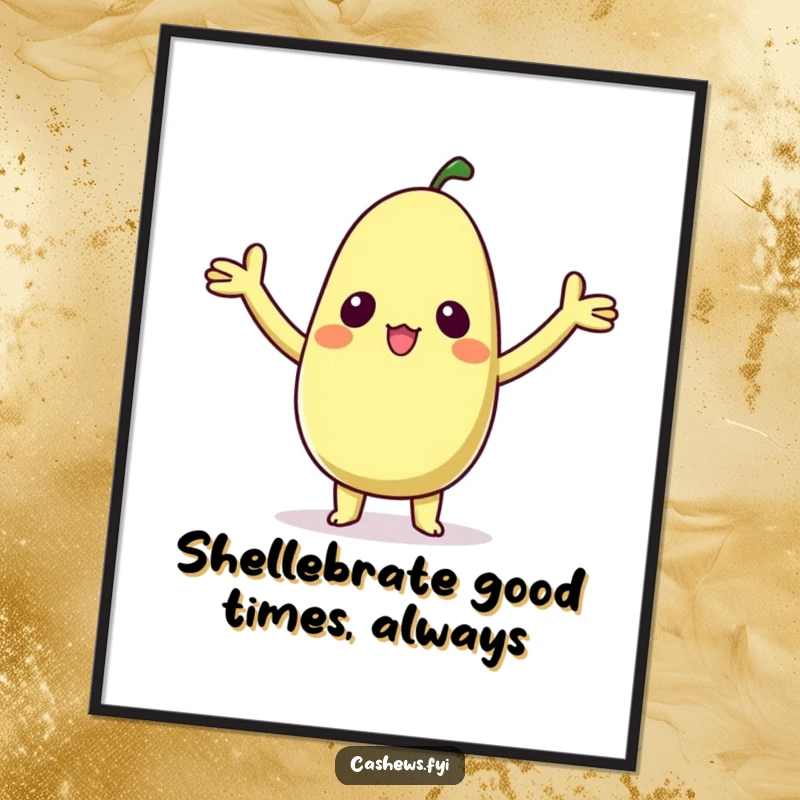 Funny Free Printable Wall Art: A kawaii cashew character with arms raised in utter delight and surprise. Humorous downloadable art.