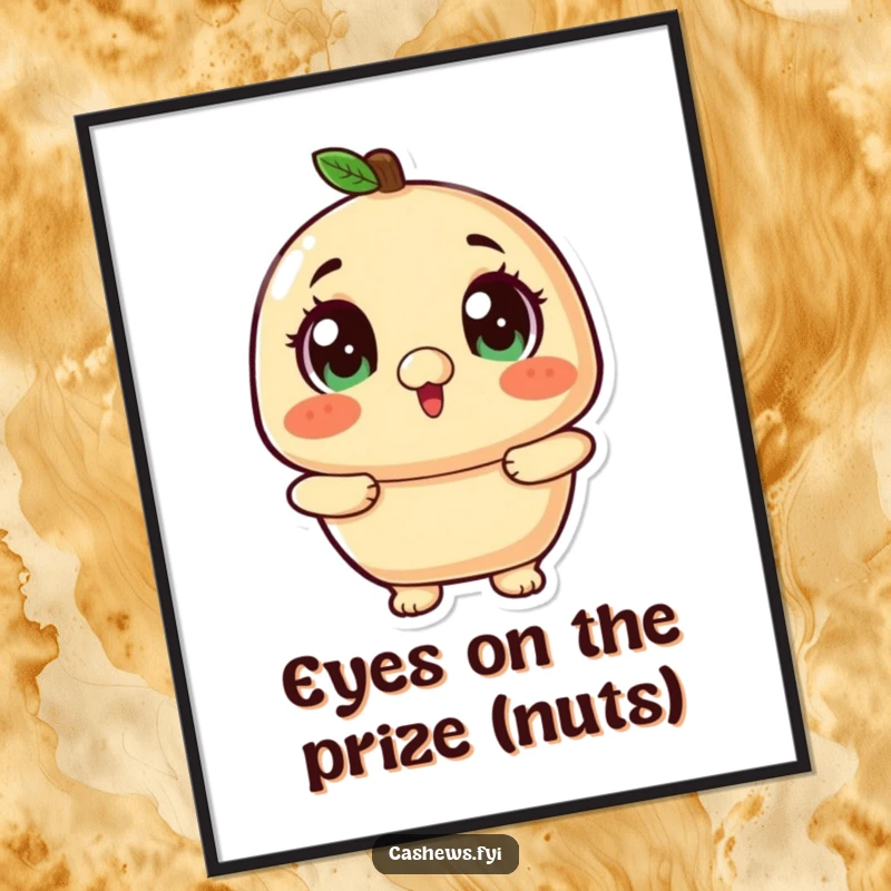 Funny free printable wall art of a kawaii cashew character with enormous, twinkling eyes gazing upwards with pure excitement.