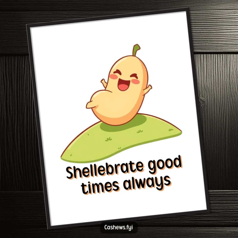 Funny Free Printable Wall Art: A cashew with a huge grin rolling down a hill, bringing a sense of joyous motion and humor.