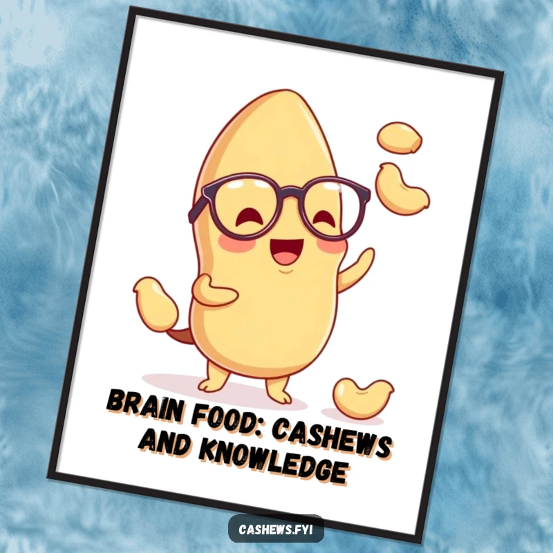 Funny Free Printable Wall Art: A kawaii cashew wearing spectacles excitedly juggling nuts, adding whimsical charm.