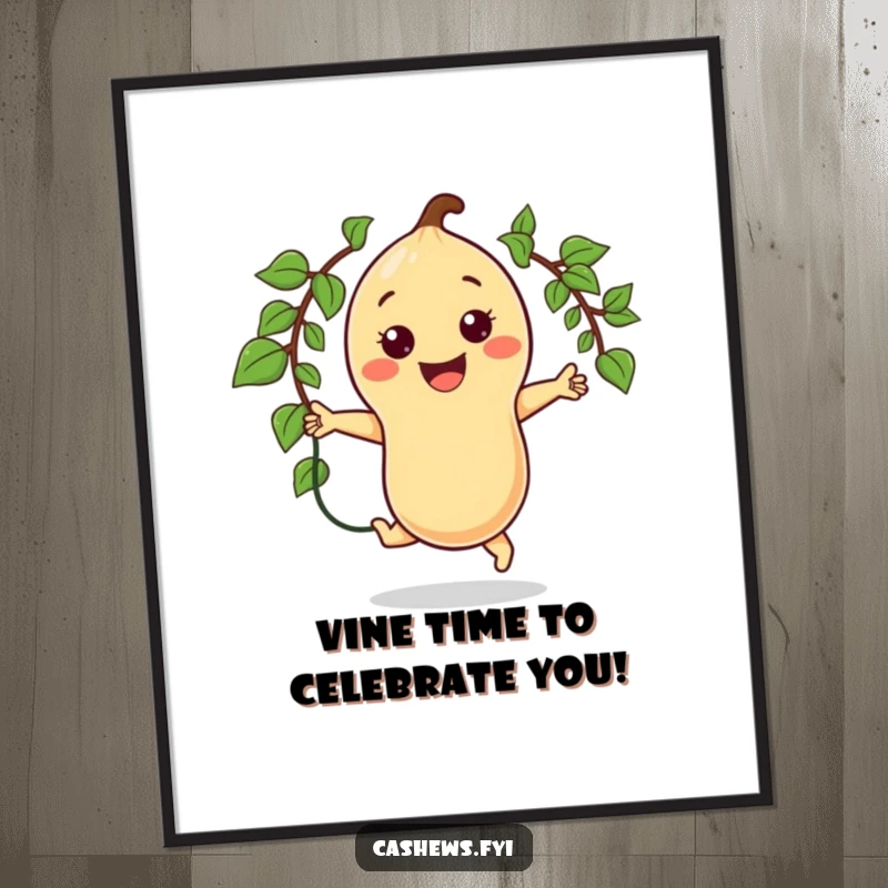 Funny Free Printable Wall Art: Kawaii cashew character jumping rope with a vine, huge smile, full of energy.