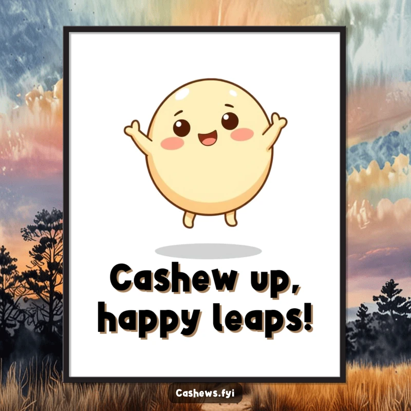 Funny Free Printable Wall Art: A round cashew character with tiny legs happily leaps upwards, embodying pure joy and playfulness.
