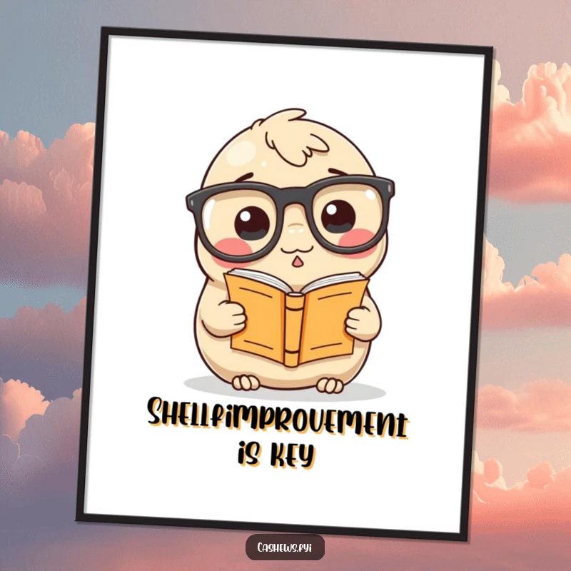 Funny Free Printable Wall Art: A cashew wearing oversized glasses, peeking over a tiny book, creating a humorous and studious visual.