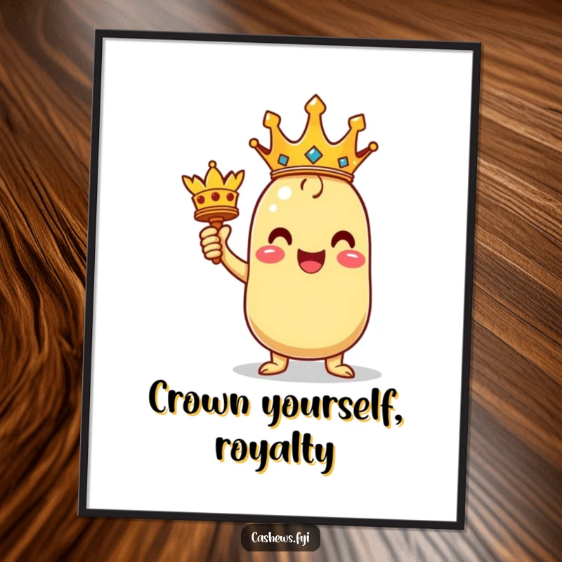 Funny Free Printable Wall Art: Kawaii cashew character striking a triumphant pose, holding a miniature crown with pride.