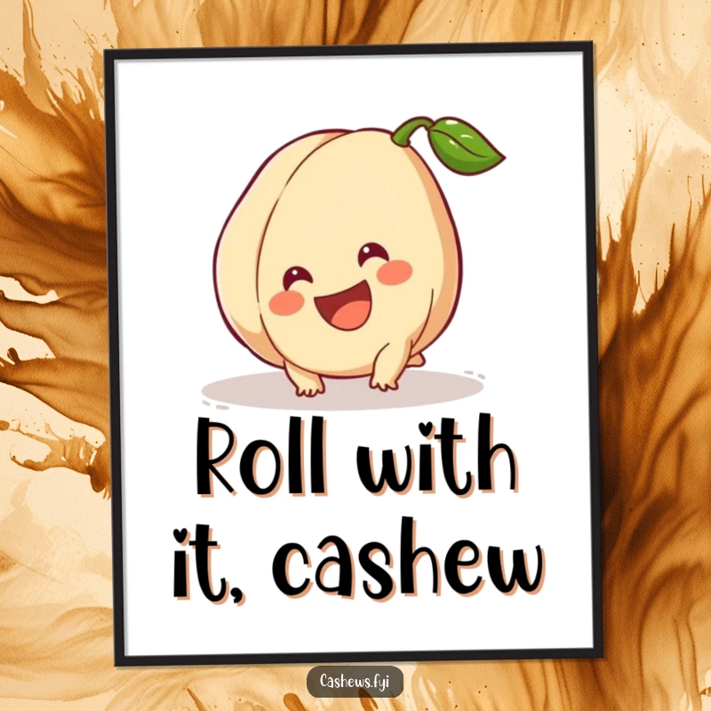 Funny Free Printable Wall Art: A cashew tripping slightly but smiling broadly, capturing a moment of humorous clumsiness and joy.