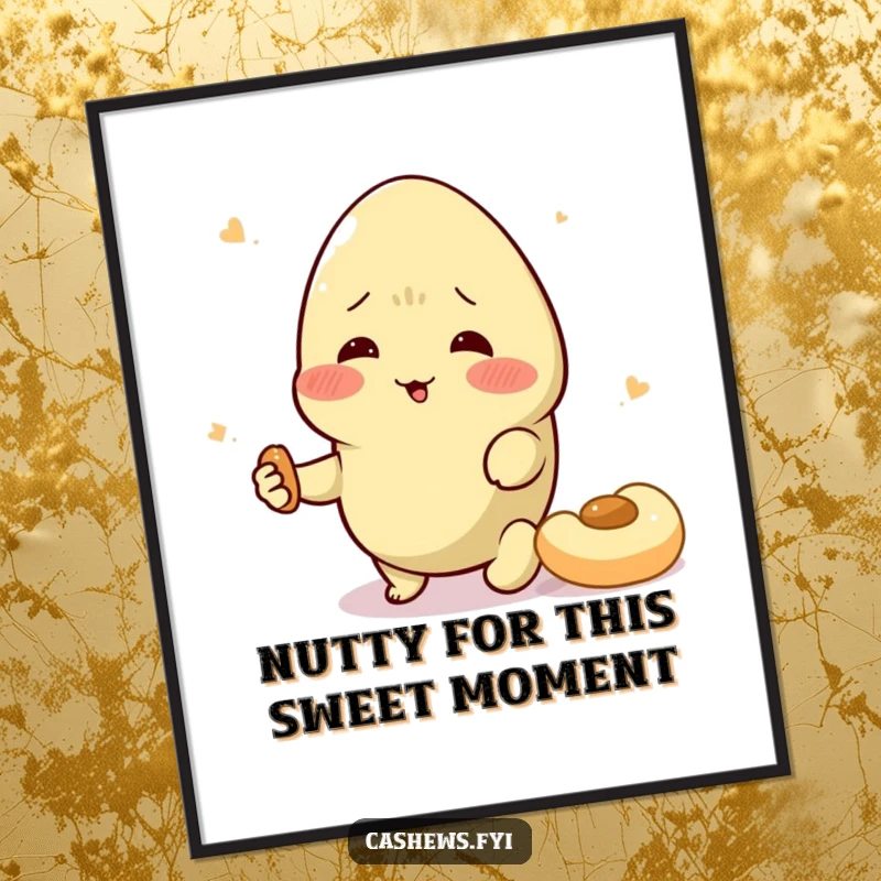 Funny free printable wall art of a rosy-cheeked cashew dramatically pretending to swoon over a tempting cashew snack.