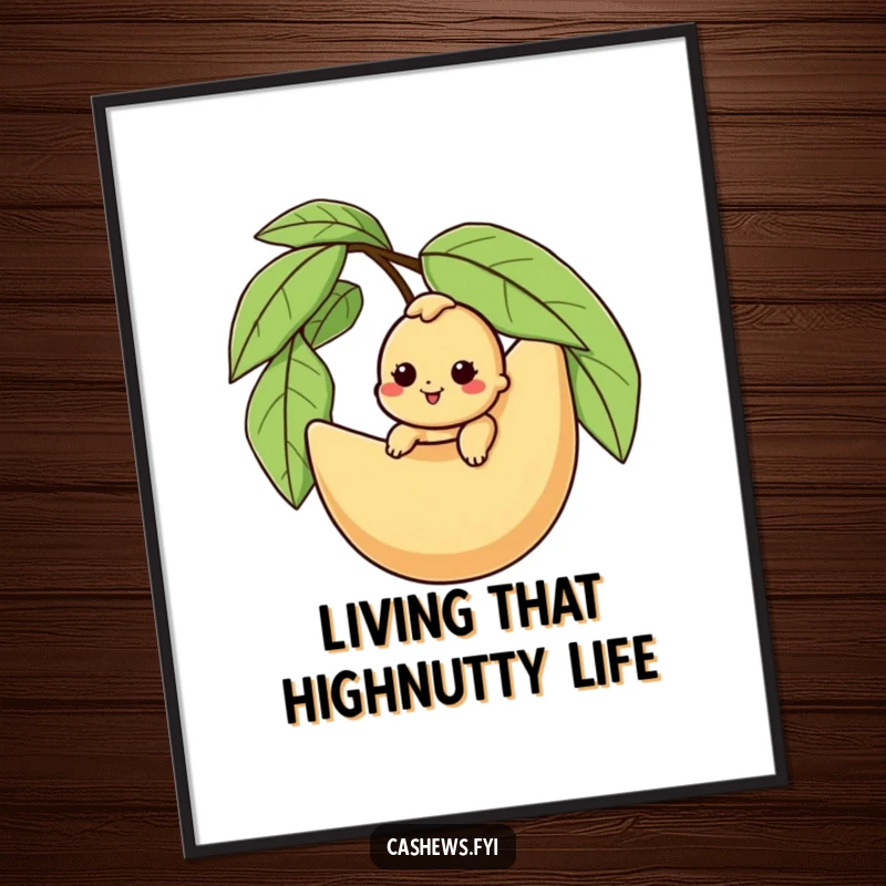 Funny free printable wall art of a smiling cashew character happily riding on the back of a giant cashew husk.