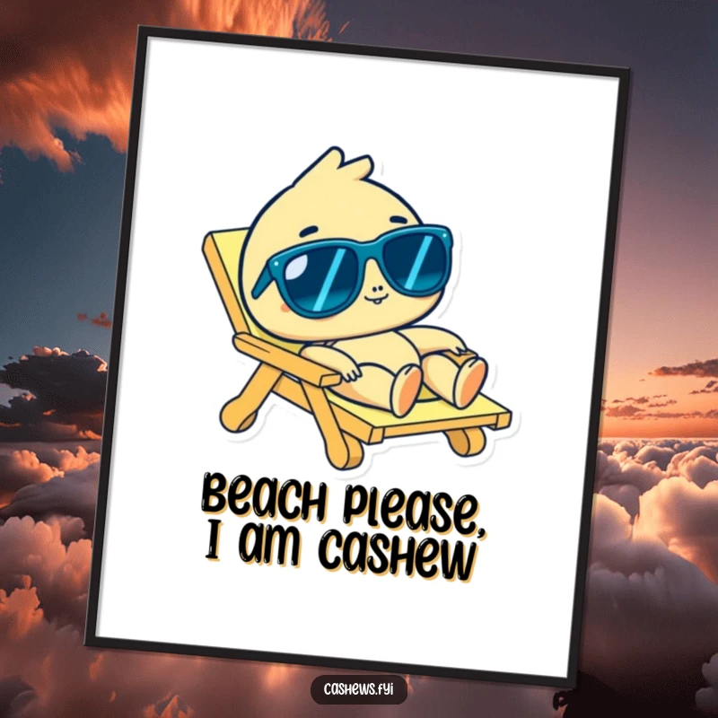 Funny Free Printable Wall Art of a cashew character in sunglasses lounging on a beach chair, bringing relaxed beach energy indoors.
