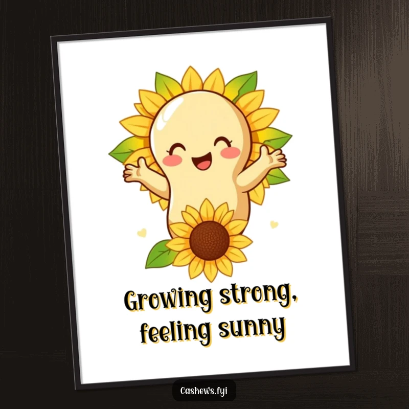 Funny Free Printable Wall Art: A cashew nut in a warm embrace with a friendly sunflower, joyful downloadable decor.