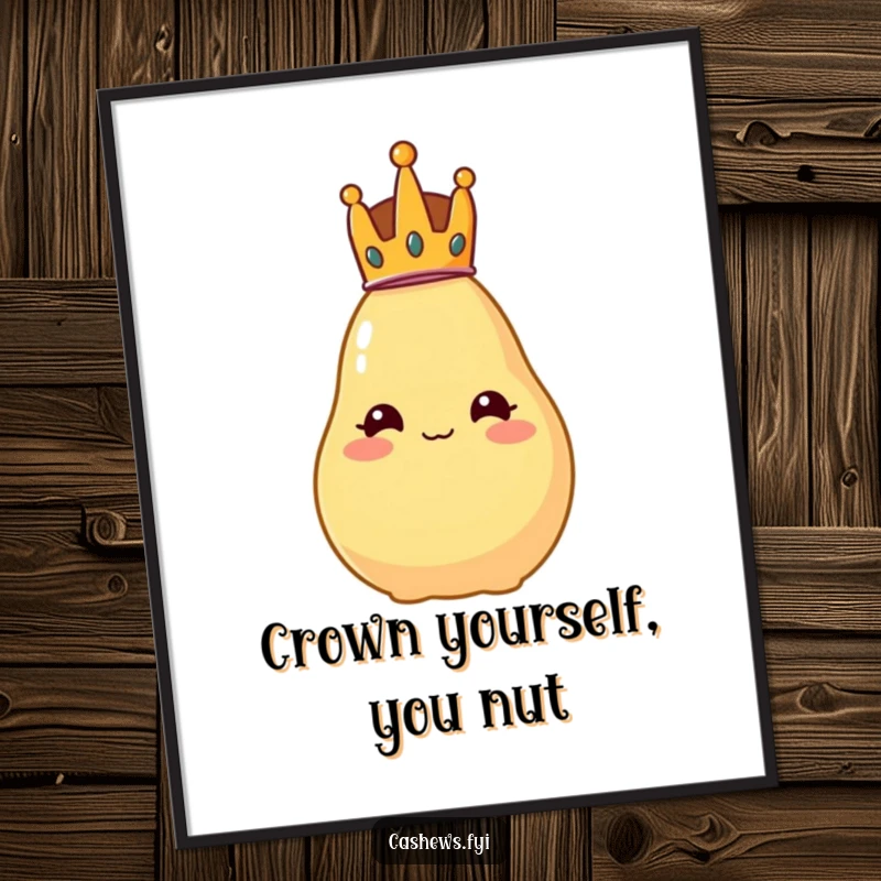 Funny Free Printable Wall Art: A cashew wearing a tiny crown, looking stately yet wobbling precariously, a regal comedic masterpiece.